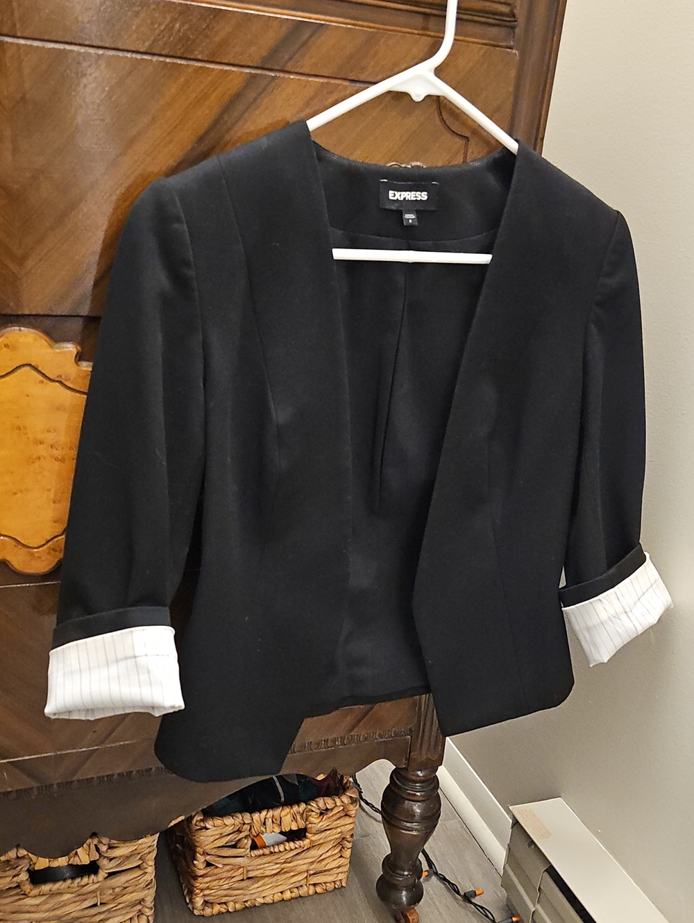 Express Black Cropped Open-Front Blazer with White Cuff Lining